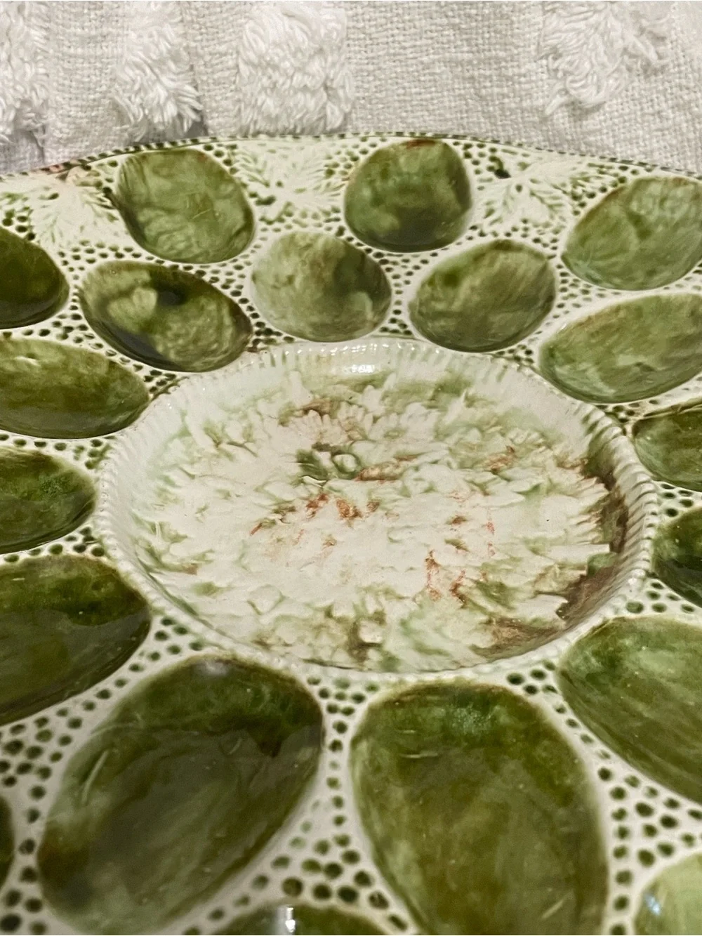 Antique‎ Green Pottery / Ceramic Egg Plate 13”
